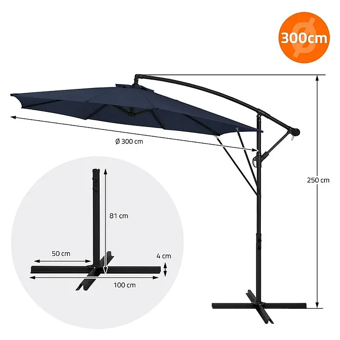 ML-Design Ampelschirm rund Gartenschirm UV50+ Sonnenschutz wasserabweisend 360° drehbar & neigbar - Blau, Durchmesser Bespannung: 300 cm - Dunkelblauer Ampelschirm mit schwarzem Kreuzfuß, ideal für den Einsatz im Freien.
