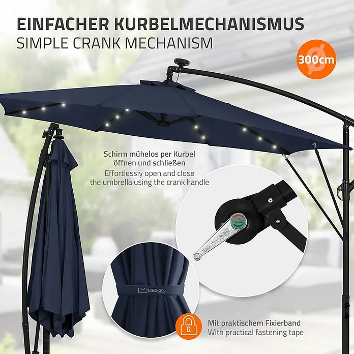 ML-Design Ampelschirm rund Gartenschirm UV50+ Sonnenschutz wasserabweisend 360° drehbar & neigbar - Blau, Durchmesser Bespannung: 300 cm - Dunkelblauer Ampelschirm mit LED-Beleuchtung, einfacher Kurbelmechanismus und Befestigungsband. Durchmesser: 300 cm.