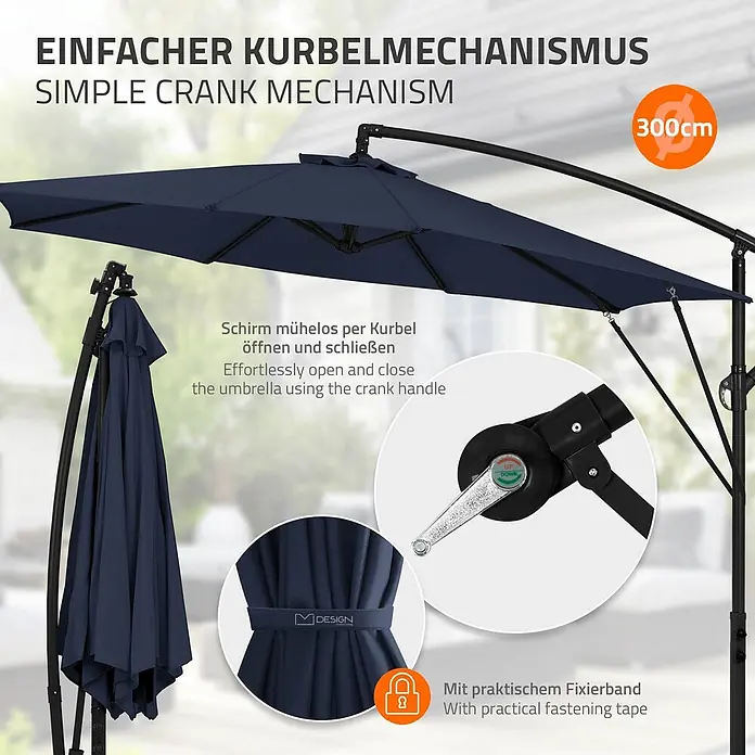 ML-Design Ampelschirm rund Gartenschirm UV50+ Sonnenschutz wasserabweisend 360° drehbar & neigbar - Blau, Durchmesser Bespannung: 300 cm - Ein dunkelblauer Ampelschirm mit Kurbelmechanismus und praktischem Befestigungsband. Er ist 300cm groß.
