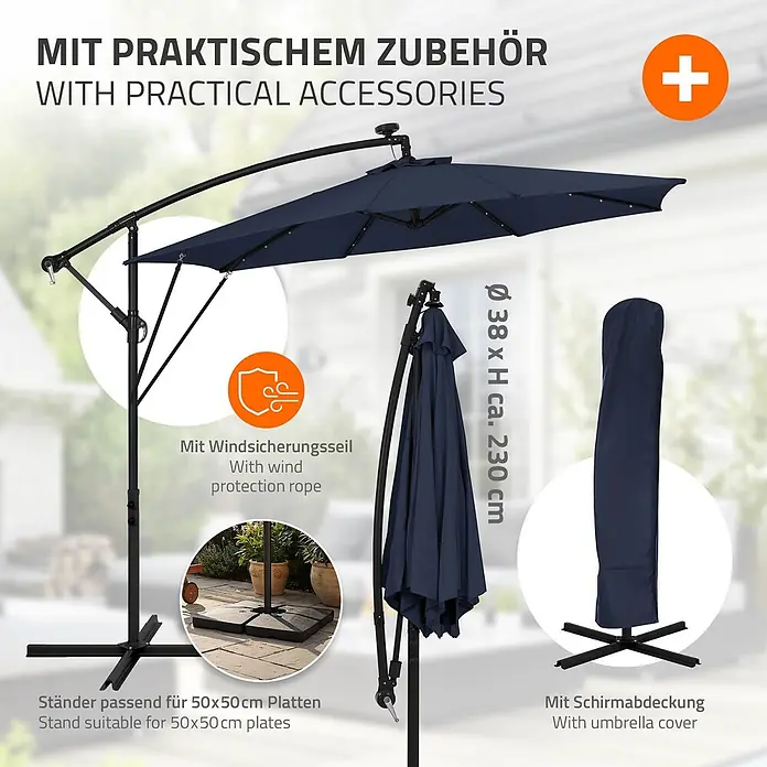 ML-Design Ampelschirm rund Gartenschirm UV50+ Sonnenschutz wasserabweisend 360° drehbar & neigbar - Blau, Durchmesser Bespannung: 300 cm - Dunkelblauer Ampelschirm mit Windschutzseil, passendem Standfuß und Schutzhülle, geöffnet und zusammengeklappt gezeigt.