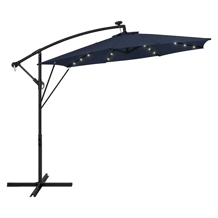ML-Design Ampelschirm rund Gartenschirm UV50+ Sonnenschutz wasserabweisend 360° drehbar & neigbar - Blau, Durchmesser Bespannung: 300 cm - Dunkelblauer Ampelschirm mit solarbetriebenen LED-Leuchten und schwarzem Kreuzfuß.