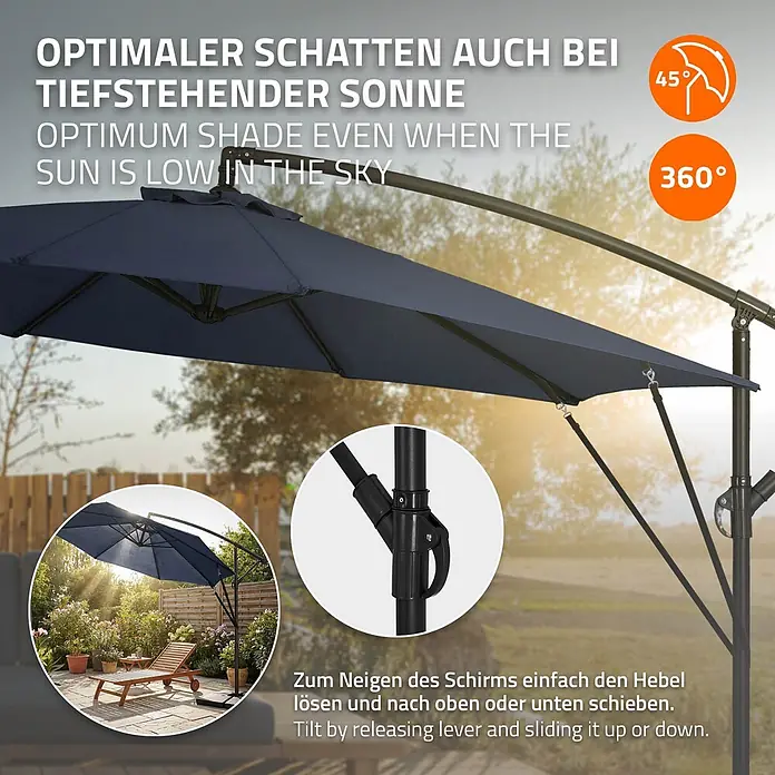 ML-Design Ampelschirm rund Gartenschirm UV50+ Sonnenschutz wasserabweisend 360° drehbar & neigbar - Blau, Durchmesser Bespannung: 300 cm - Dunkelblauer Ampelschirm mit 360° Drehung und 45° Neigung, spendet Schatten im Garten.
