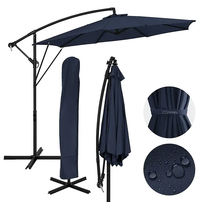 ML-Design Ampelschirm rund Gartenschirm UV50+ Sonnenschutz wasserabweisend 360° drehbar & neigbar - Blau, Durchmesser Bespannung: 300 cm - Marineblauer Ampelschirm, geöffnet & geschlossen, mit Schutzhülle. Wasserdichtes Gewebe.
