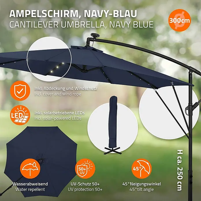 ML-Design Ampelschirm rund Gartenschirm UV50+ Sonnenschutz wasserabweisend 360° drehbar & neigbar - Blau, Durchmesser Bespannung: 300 cm - Marineblauer Ampelschirm (300cm Ø) mit Solar-LEDs, 45° neigbar, wasserabweisend, UV 50+ Schutz u. Abdeckung.