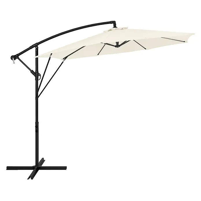 ML-Design Ampelschirm rund Gartenschirm UV50+ Sonnenschutz wasserabweisend 360° drehbar & neigbar - Beige, Durchmesser Bespannung: 300 cm - Beiger Ampelschirm mit schwarzem gebogenem Mast und Kreuzfuß für umfassenden Sonnenschutz.