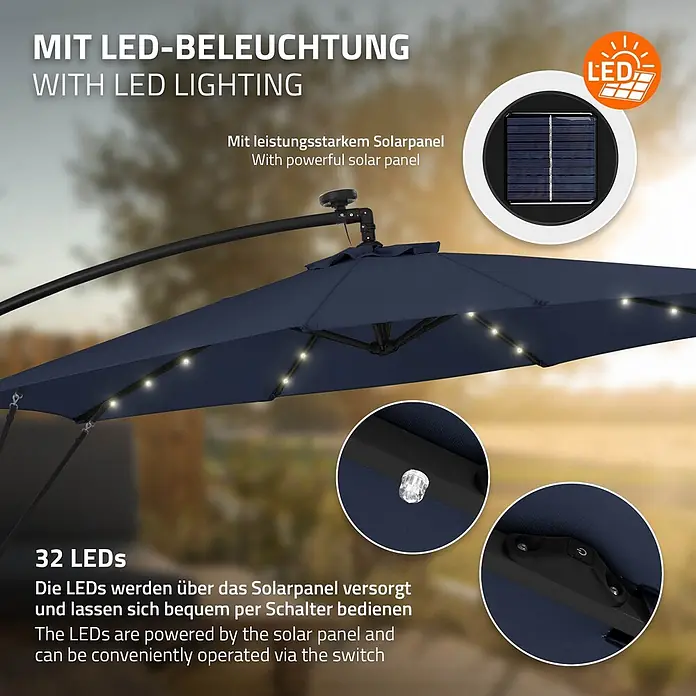 ML-Design Ampelschirm rund Gartenschirm UV50+ Sonnenschutz wasserabweisend 360° drehbar & neigbar - Blau, Durchmesser Bespannung: 300 cm - Dunkelblauer Sonnenschirm mit 32 integrierten solarbetriebenen LEDs und Schalter.