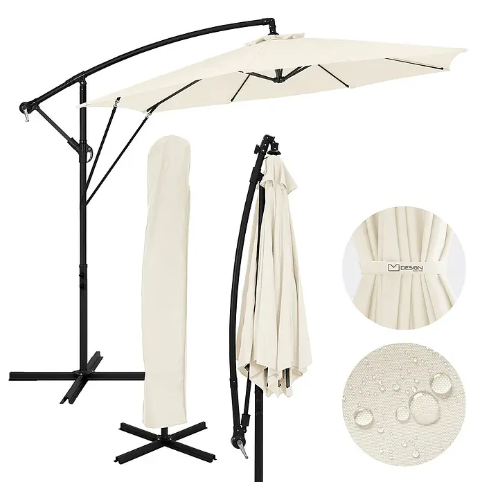 ML-Design Ampelschirm rund Gartenschirm UV50+ Sonnenschutz wasserabweisend 360° drehbar & neigbar - Beige, Durchmesser Bespannung: 300 cm - Cremefarbener Ampelschirm, geöffnet und geschlossen mit Schutzhülle, schwarzem Metallgestell und wasserabweisendem Stoff.