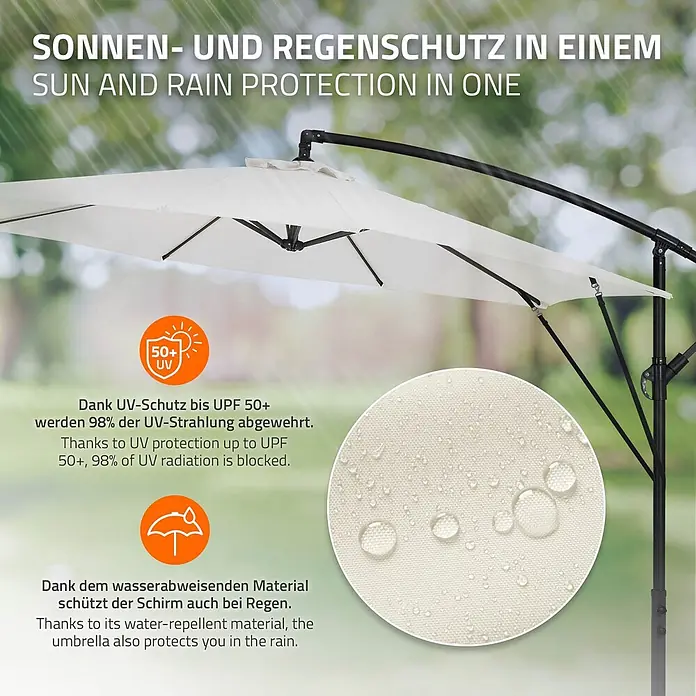 ML-Design Ampelschirm rund Gartenschirm UV50+ Sonnenschutz wasserabweisend 360° drehbar & neigbar - Beige, Durchmesser Bespannung: 300 cm - Creme-farbener Ampelschirm im Freien mit Hinweisen zu UV-Schutz (UPF 50+) und wasserabweisendem Material für Sonnen- und Regenschutz.