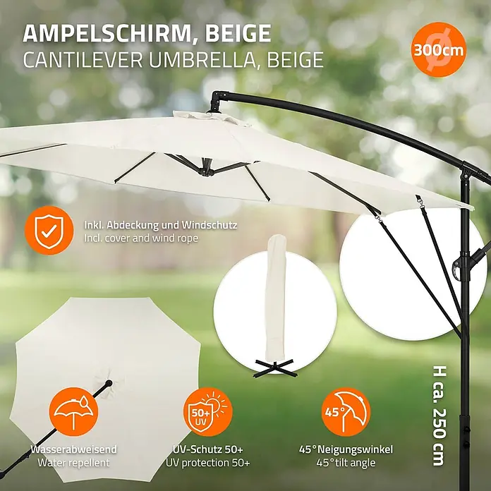 ML-Design Ampelschirm rund Gartenschirm UV50+ Sonnenschutz wasserabweisend 360° drehbar & neigbar - Beige, Durchmesser Bespannung: 300 cm - Beiger Ampelschirm (300cm Durchmesser) mit 50+ UV-Schutz und 45° Neigungswinkel, im Garten aufgestellt.