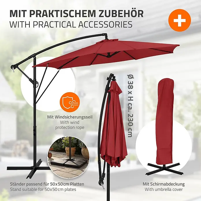 Ampelschirm Ø 300 cm rund in Rot aus Aluminium 360° drehbar -  - Großer roter Freiarmschirm für die Terrasse, offen und geschlossen gezeigt, mit Kreuzfuß, Windsicherungsseil und Schutzhülle.