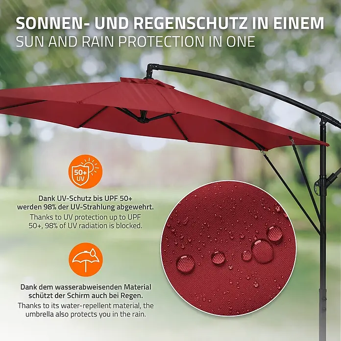 Ampelschirm Ø 300 cm rund in Rot aus Aluminium 360° drehbar -  - Roter Ampelschirm mit UPF 50+ UV- und Regenschutz. Wasserabweisender Stoff mit Wassertropfen.