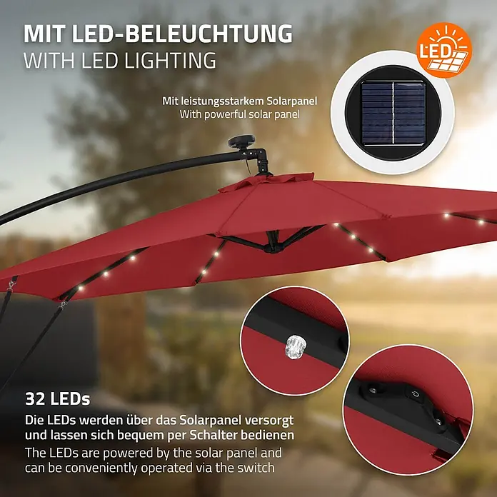 ML-Design Ampelschirm rund Gartenschirm UV50+ Sonnenschutz wasserabweisend 360° drehbar & neigbar - Rot, Durchmesser Bespannung: 300 cm - Roter Ampelschirm mit integrierter LED-Beleuchtung, betrieben durch ein Solarpanel.