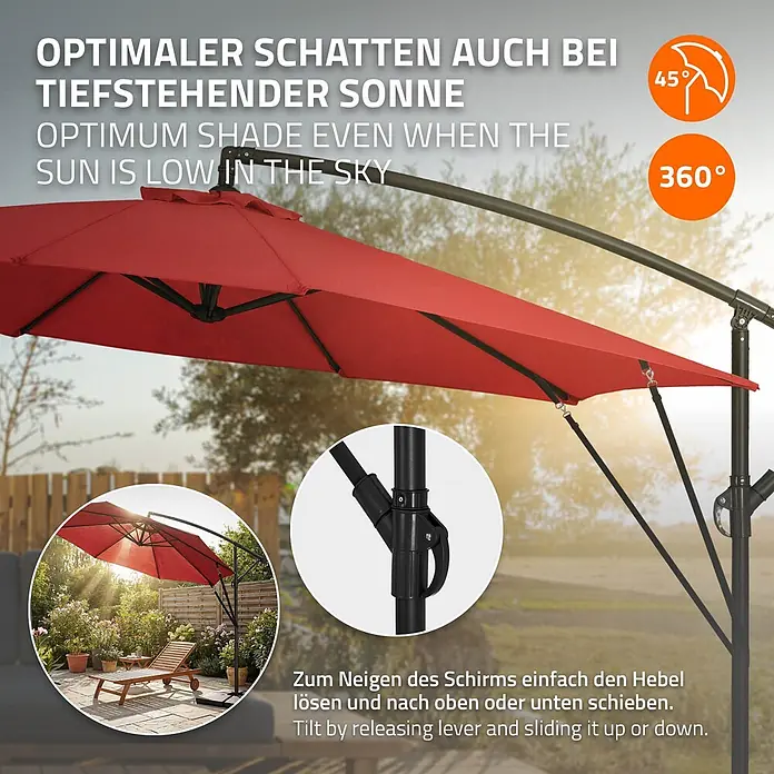 Ampelschirm Ø 300 cm rund in Rot aus Aluminium 360° drehbar -  - Roter Ampelschirm im Garten, neigbar und um 360° drehbar für optimalen Schatten auch bei tiefstehender Sonne.