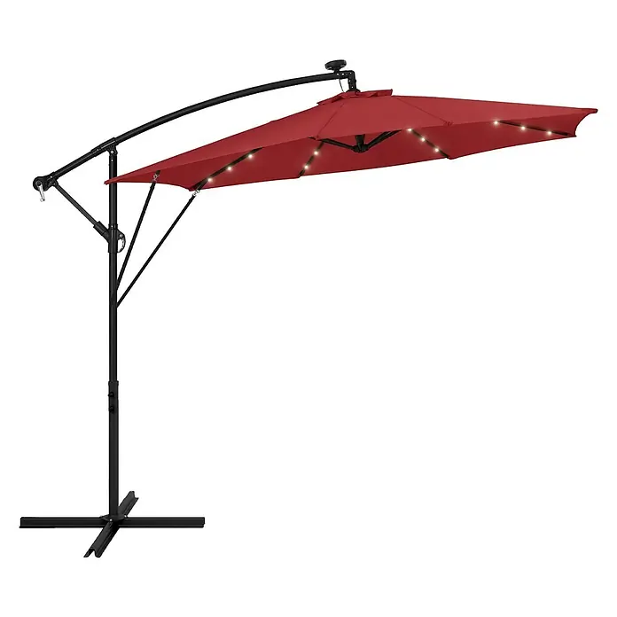 ML-Design Ampelschirm rund Gartenschirm UV50+ Sonnenschutz wasserabweisend 360° drehbar & neigbar - Rot, Durchmesser Bespannung: 300 cm - Roter Ampelschirm mit solarbetriebenen LED-Leuchten, schwarzem Seitenmast und Kreuzfuß.