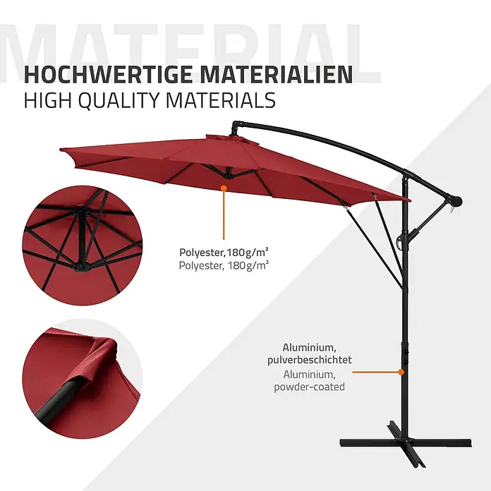 Ampelschirm Ø 300 cm rund in Rot aus Aluminium 360° drehbar -  - Roter Ampelschirm mit 180g/m² Polyesterdach und schwarzem, pulverbeschichtetem Aluminiumrahmen.