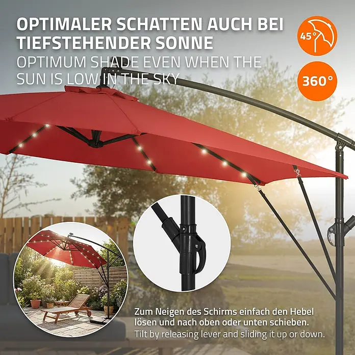 ML-Design Ampelschirm rund Gartenschirm UV50+ Sonnenschutz wasserabweisend 360° drehbar & neigbar - Rot, Durchmesser Bespannung: 300 cm - Roter Ampelschirm mit LED-Beleuchtung, 360°-Rotation und 45°-Neigungsfunktion, im Garten.