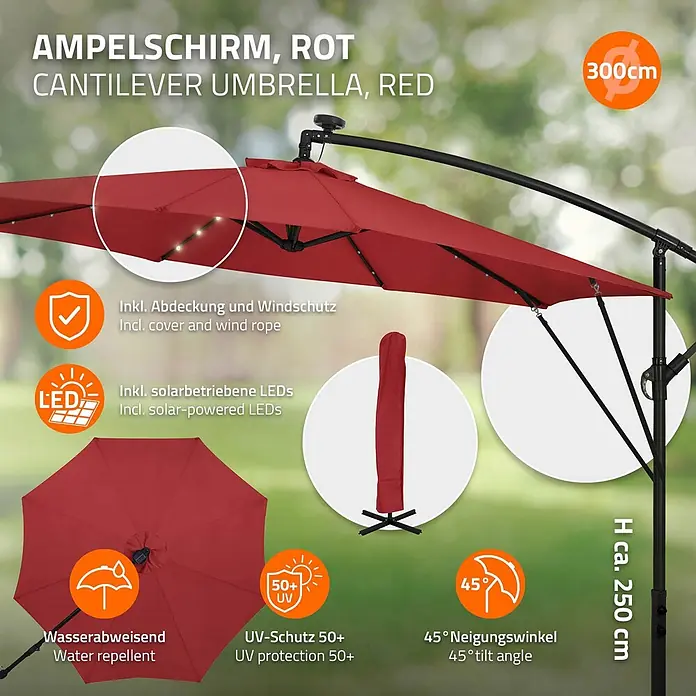 ML-Design Ampelschirm rund Gartenschirm UV50+ Sonnenschutz wasserabweisend 360° drehbar & neigbar - Rot, Durchmesser Bespannung: 300 cm - Großer roter Ampelschirm für den Außenbereich, mit Solar-LEDs, wasserabweisend, UV 50+ Schutz und 45° Neigung.