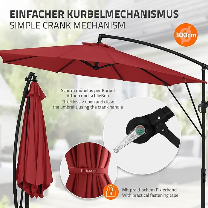 Ampelschirm Ø 300 cm rund in Rot aus Aluminium 360° drehbar -  - Roter 300cm Ampelschirm mit Kurbelmechanismus und Fixierband, offen und zusammengeklappt gezeigt.
