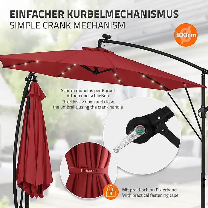 ML-Design Ampelschirm rund Gartenschirm UV50+ Sonnenschutz wasserabweisend 360° drehbar & neigbar - Rot, Durchmesser Bespannung: 300 cm - Roter Ampelschirm mit Kurbelmechanismus, integrierter LED-Beleuchtung und praktischem Halteband.