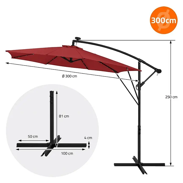 ML-Design Ampelschirm rund Gartenschirm UV50+ Sonnenschutz wasserabweisend 360° drehbar & neigbar - Rot, Durchmesser Bespannung: 300 cm - Roter Freiarmschirm mit schwarzem Gestell und Kreuzfuß, zeigt Hauptmaße.