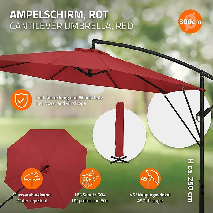 Ampelschirm Ø 300 cm rund in Rot aus Aluminium 360° drehbar -  - Roter Ampelschirm (300cm Durchmesser) mit 45° Neigungswinkel, wasserabweisend und UV-Schutz 50+.