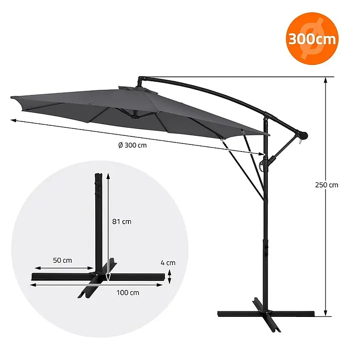 ML-Design Ampelschirm rund Gartenschirm UV50+ Sonnenschutz wasserabweisend 360° drehbar & neigbar - Anthrazit, Durchmesser Bespannung: 300 cm - Grauer Ampelschirm (Ø 300 cm, H 250 cm) mit schwarzem Cantilever-Gestell und Kreuzfuß mit Maßen.