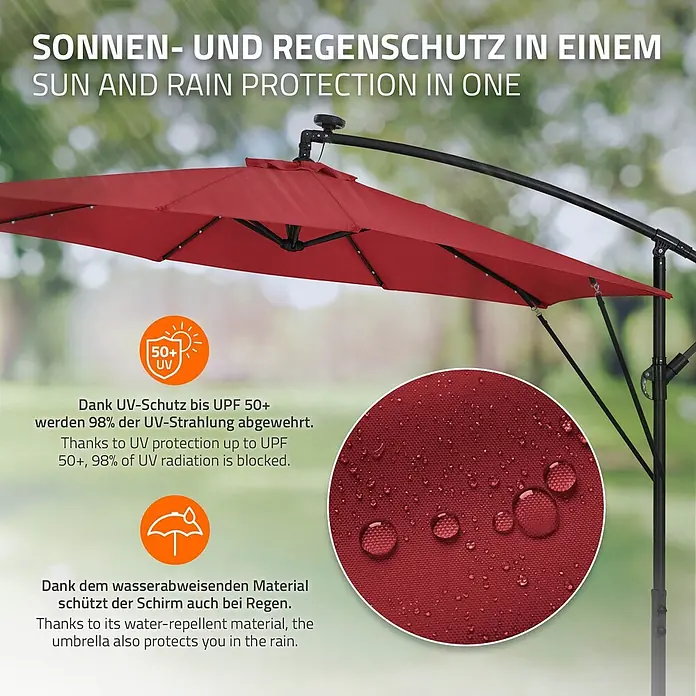 ML-Design Ampelschirm rund Gartenschirm UV50+ Sonnenschutz wasserabweisend 360° drehbar & neigbar - Rot, Durchmesser Bespannung: 300 cm - Roter Ampelschirm mit wasserabweisendem Stoff und UV-Schutz (UPF 50+).