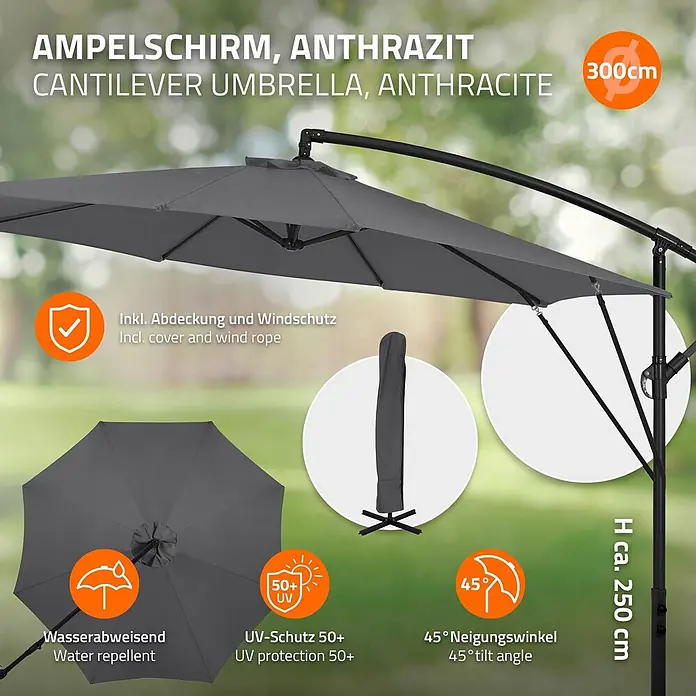 ML-Design Ampelschirm rund Gartenschirm UV50+ Sonnenschutz wasserabweisend 360° drehbar & neigbar - Anthrazit, Durchmesser Bespannung: 300 cm - Anthrazitfarbener Ampelschirm, 300cm Durchmesser, 250cm Höhe, schräg gestellt, wasserabweisend und UV-schützend.