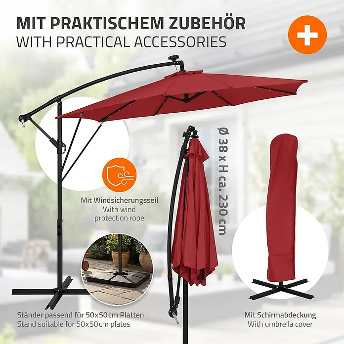 ML-Design Ampelschirm rund Gartenschirm UV50+ Sonnenschutz wasserabweisend 360° drehbar & neigbar - Rot, Durchmesser Bespannung: 300 cm - Roter Ampelschirm mit schwarzem Gestell, Windsicherungsseil, passendem Ständer und Schutzhülle. Ca. Ø 38 x H 230 cm.