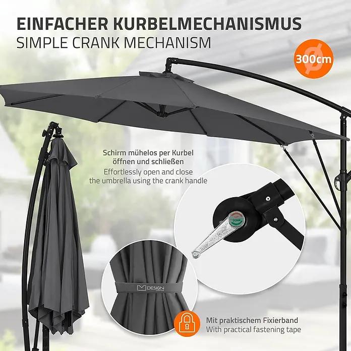 ML-Design Ampelschirm rund Gartenschirm UV50+ Sonnenschutz wasserabweisend 360° drehbar & neigbar - Anthrazit, Durchmesser Bespannung: 300 cm - Dunkelgrauer Ampelschirm mit 300 cm Durchmesser, einfachem Kurbelmechanismus und praktischem Fixierband.
