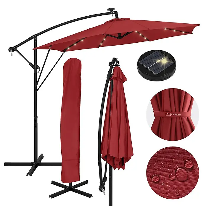 ML-Design Ampelschirm rund Gartenschirm UV50+ Sonnenschutz wasserabweisend 360° drehbar & neigbar - Rot, Durchmesser Bespannung: 300 cm - Roter Freiarmschirm mit Solar-LED-Lichtern, schwarzem Gestell, offen, geschlossen mit Abdeckung, wasserdichtem Stoff und Solarpanel.