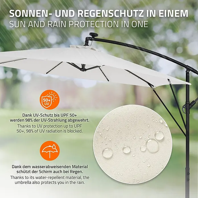 ML-Design Ampelschirm rund Gartenschirm UV50+ Sonnenschutz wasserabweisend 360° drehbar & neigbar - Beige, Durchmesser Bespannung: 300 cm - Weißer Ampelschirm mit UPF 50+ UV-Schutz und wasserabweisendem Stoff mit Regentropfen.