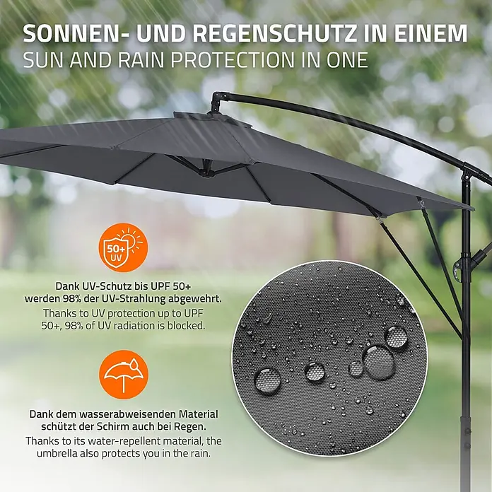 ML-Design Ampelschirm rund Gartenschirm UV50+ Sonnenschutz wasserabweisend 360° drehbar & neigbar - Anthrazit, Durchmesser Bespannung: 300 cm - Grauer Ampelschirm mit wasserabweisendem Material bietet UV-Schutz (UPF 50+, 98%) und Regenschutz im Freien.
