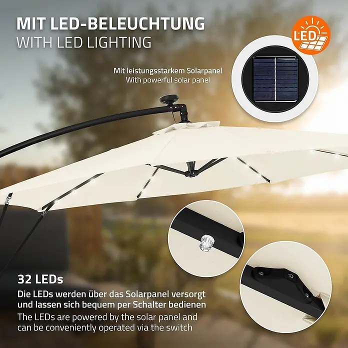 ML-Design Ampelschirm rund Gartenschirm UV50+ Sonnenschutz wasserabweisend 360° drehbar & neigbar - Beige, Durchmesser Bespannung: 300 cm - Cremefarbener Ampelschirm mit 32 LEDs, angetrieben von Solarpanel und per Schalter bedienbar.