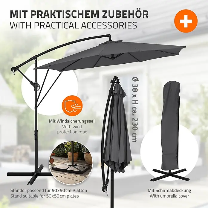 ML-Design Ampelschirm rund Gartenschirm UV50+ Sonnenschutz wasserabweisend 360° drehbar & neigbar - Anthrazit, Durchmesser Bespannung: 300 cm - Dunkelgrauer Ampelschirm mit Windseil, passendem Ständer für 50x50cm Platten und Schutzhülle.