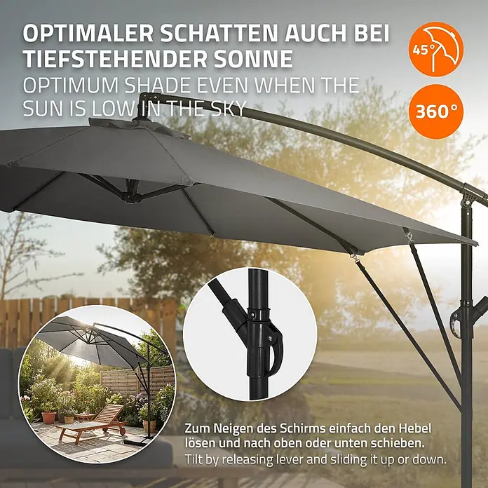 ML-Design Ampelschirm rund Gartenschirm UV50+ Sonnenschutz wasserabweisend 360° drehbar & neigbar - Anthrazit, Durchmesser Bespannung: 300 cm - Grauer Ampelschirm im Garten mit 45° Neigungs- und 360° Drehfunktion.