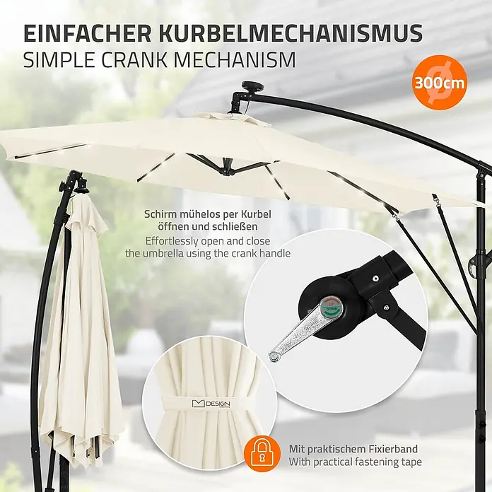 ML-Design Ampelschirm rund Gartenschirm UV50+ Sonnenschutz wasserabweisend 360° drehbar & neigbar - Beige, Durchmesser Bespannung: 300 cm - Beiger Ampelschirm mit einfachem Kurbelmechanismus, geöffnet und zusammengeklappt, 300cm Durchmesser, mit Fixierband.