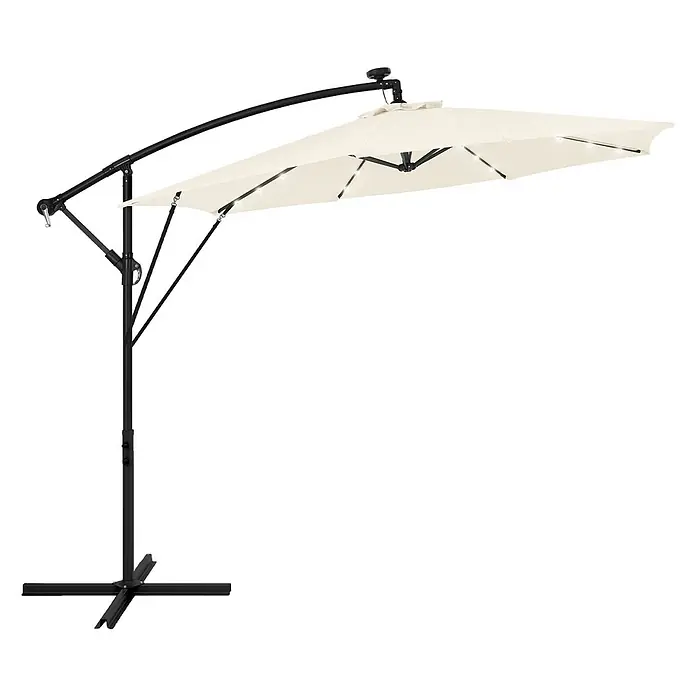 ML-Design Ampelschirm rund Gartenschirm UV50+ Sonnenschutz wasserabweisend 360° drehbar & neigbar - Beige, Durchmesser Bespannung: 300 cm - Cremefarbener Ampelschirm mit schwarzem Gestell, Solarpanel und integrierten LED-Leuchten.