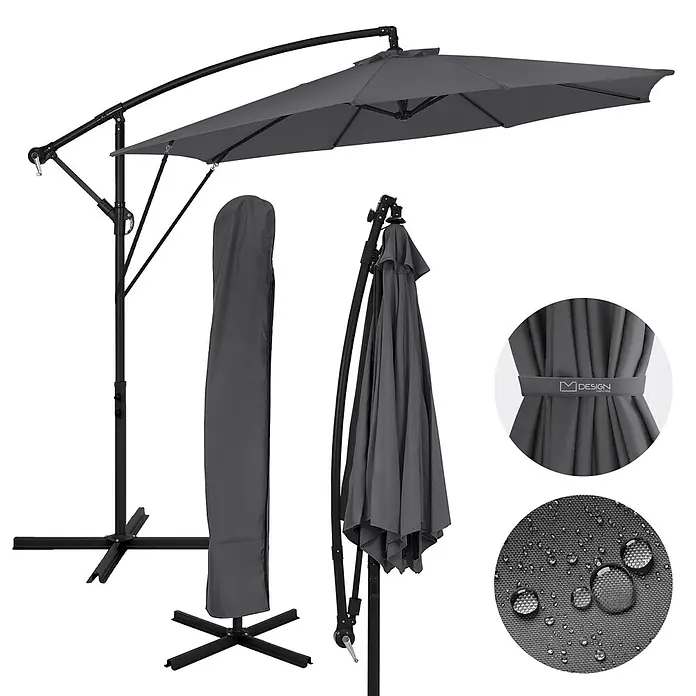 ML-Design Ampelschirm rund Gartenschirm UV50+ Sonnenschutz wasserabweisend 360° drehbar & neigbar - Anthrazit, Durchmesser Bespannung: 300 cm - Grauer Ampelschirm mit schwarzem Gestell, offen, gefaltet und mit Schutzhülle, wasserabweisender Stoff.