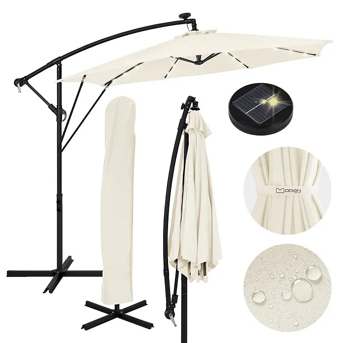 ML-Design Ampelschirm rund Gartenschirm UV50+ Sonnenschutz wasserabweisend 360° drehbar & neigbar - Beige, Durchmesser Bespannung: 300 cm - Beiger Ampelschirm mit Solar-LED-Beleuchtung, offen, zusammengeklappt, mit Schutzhülle und wasserabweisendem Stoff.