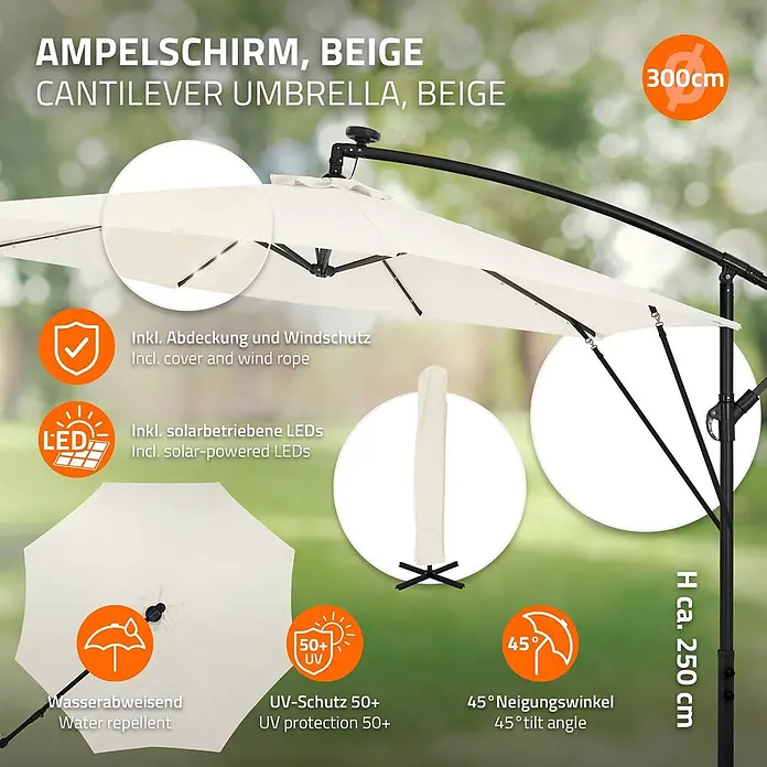ML-Design Ampelschirm rund Gartenschirm UV50+ Sonnenschutz wasserabweisend 360° drehbar & neigbar - Beige, Durchmesser Bespannung: 300 cm - Beiger Ampelschirm mit Solar-LEDs, UV-Schutz, wasserabweisend und neigbar.
