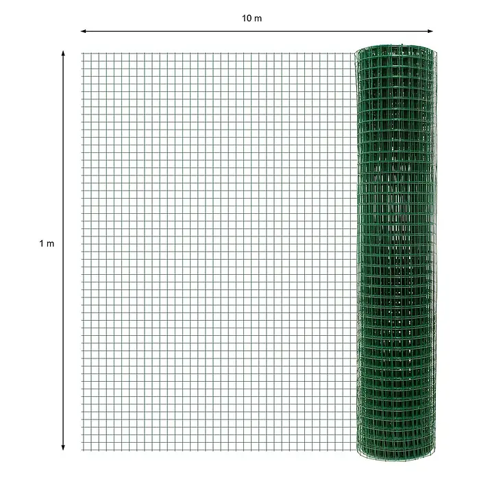 ECD Germany Maschendrahtzaun Grün Maschendrahtzaun 1x10 m Maschengröße 25x25mm Drahtstärke 0,9 mm - Grün - Grüner, kunststoffbeschichteter Drahtgitter-Gartenzaun, 1 m hoch und 10 m lang, teilweise von einer Rolle abgerollt.