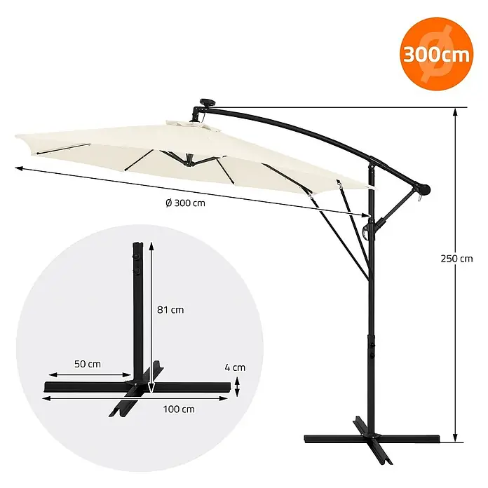 ML-Design Ampelschirm rund Gartenschirm UV50+ Sonnenschutz wasserabweisend 360° drehbar & neigbar - Beige, Durchmesser Bespannung: 300 cm - Cremefarbener rechteckiger Ampelschirm mit schwarzem Metallrahmen und Kreuzfuß, mit Maßen.
