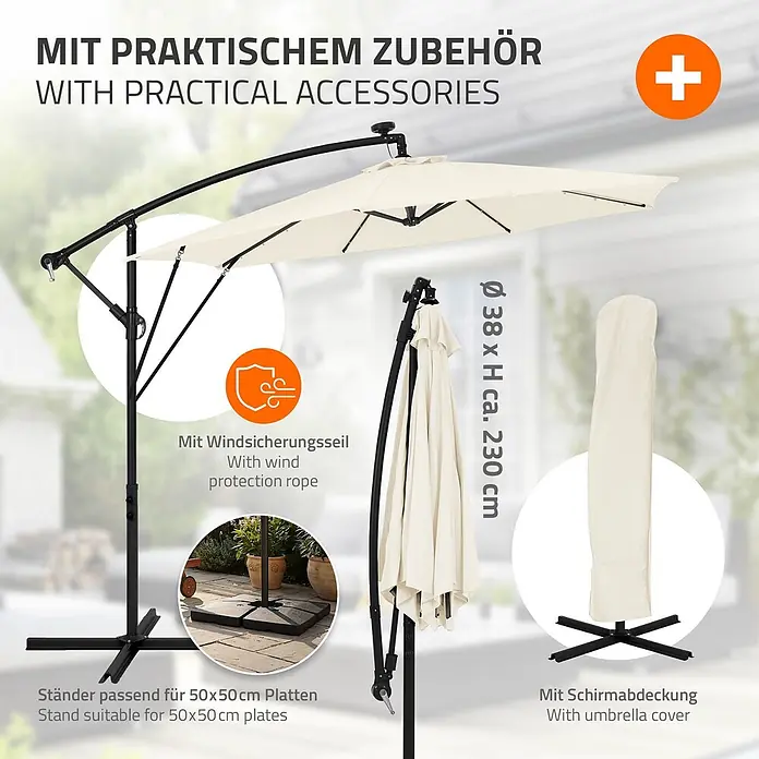 ML-Design Ampelschirm rund Gartenschirm UV50+ Sonnenschutz wasserabweisend 360° drehbar & neigbar - Beige, Durchmesser Bespannung: 300 cm - Cremefarbener Ampelschirm mit schwarzem Gestell, inklusive Windsicherungsseil, Plattenständer und Schutzhülle.