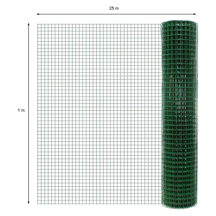 ECD Germany Maschendrahtzaun Grün Maschendrahtzaun 1x25 m Maschengröße 25x25mm Drahtstärke 0,9 mm - Grün - Grüner Drahtgeflechtzaun auf Rolle, 1m hoch, 25m lang, teilweise abgerollt dargestellt.