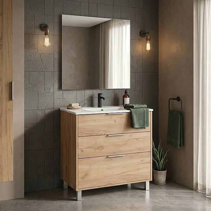 Conjunto de mueble de baño Sena - Roble, Mate, Cantidad total: 3 pzs. - Mueble de baño de madera clara con lavabo blanco y tres cajones, con tiradores plateados.