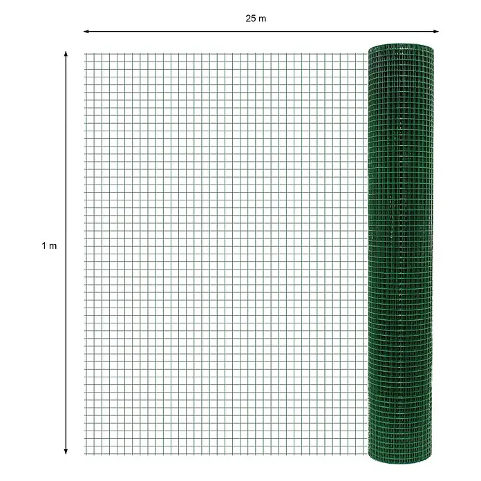 ECD Germany Maschendrahtzaun Grün Maschendrahtzaun 1x25 m Maschengröße 12x12mm Drahtstärke 0,7 mm - 2.500 x 100 cm, Grün - Grüner Drahtgitter-Gartenzaun, 25m x 1m, teilweise von der Rolle abgerollt.