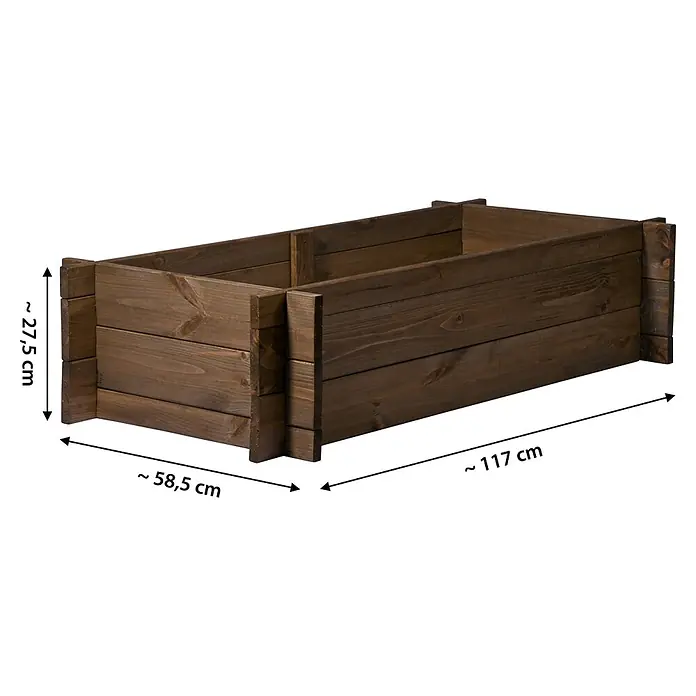 Dobar Hochbeet M - 117 x 58,5 x 27,5 cm, Holz, Teak - Dunkelbrauner Holz-Pflanzkasten, ca. 117 cm lang, 58,5 cm breit und 27,5 cm hoch.