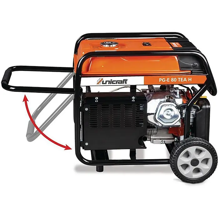 Stürmer Maschinen Stromerzeuger PG-E 80 TEA - Nennleistung: 6,5 kW, Tankvolumen: 25 l, Verbrauch: 3,4 l/h - Oranges und schwarzes tragbares Stromaggregat mit Rädern und klappbarem Griff.