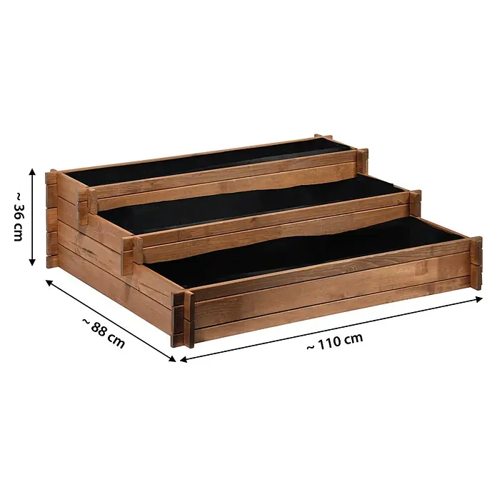 Dobar Hochbeet Peru - 110 x 88 x 36 cm, Holz, Bernstein - Dreistufiges braunes Hochbeet aus Holz mit schwarzen Einlagen. Abmessungen ca. 110x88x36 cm.